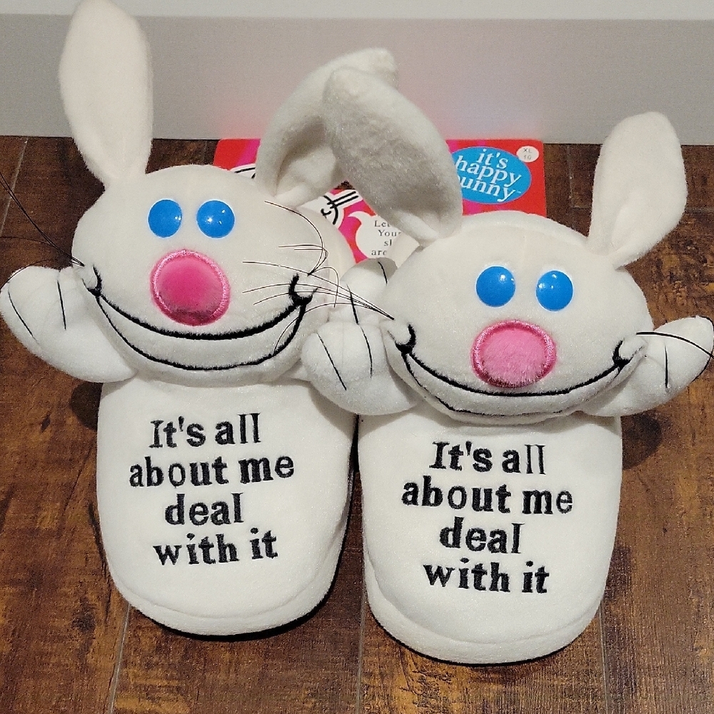 White Bunny Slippers with Pink and Blue Accents